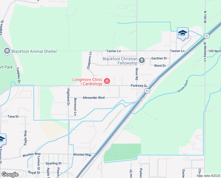 map of restaurants, bars, coffee shops, grocery stores, and more near 2300-2310 Clover Lane in Blackfoot