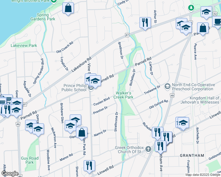 map of restaurants, bars, coffee shops, grocery stores, and more near 69 Strathcona Drive in St. Catharines