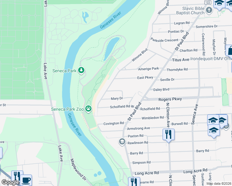 map of restaurants, bars, coffee shops, grocery stores, and more near 37 Kohlwood Drive in Rochester