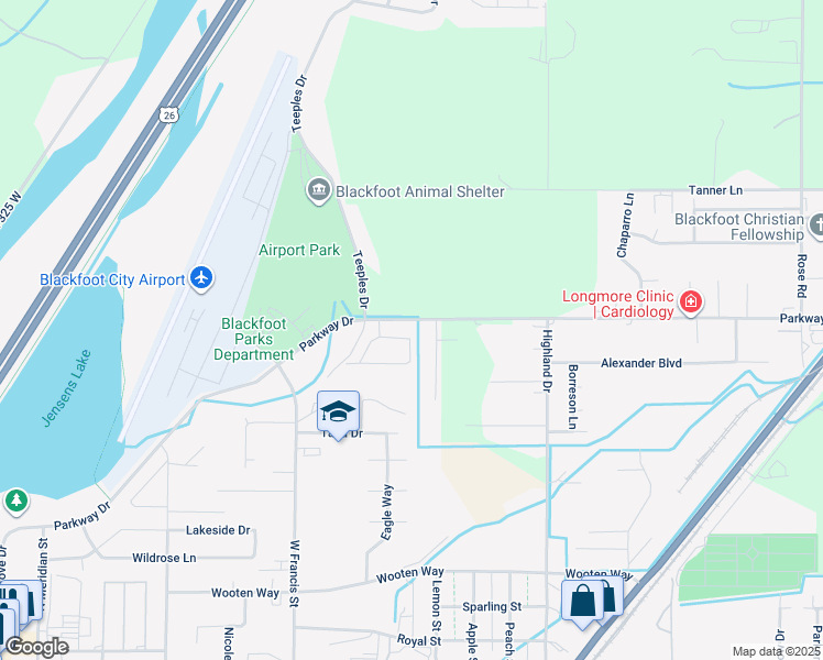map of restaurants, bars, coffee shops, grocery stores, and more near 526 Gwen Loop in Blackfoot