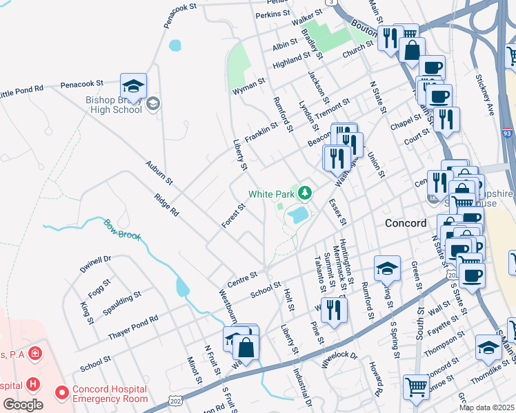 map of restaurants, bars, coffee shops, grocery stores, and more near 111 Liberty Street in Concord