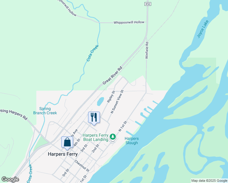 map of restaurants, bars, coffee shops, grocery stores, and more near 500 Ripley Street in Harpers Ferry