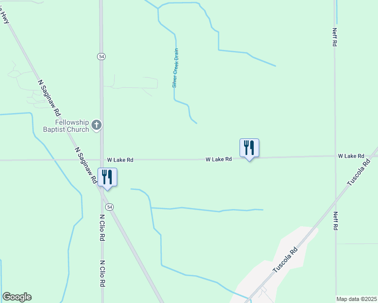 map of restaurants, bars, coffee shops, grocery stores, and more near 2336 West Lake Road in Clio