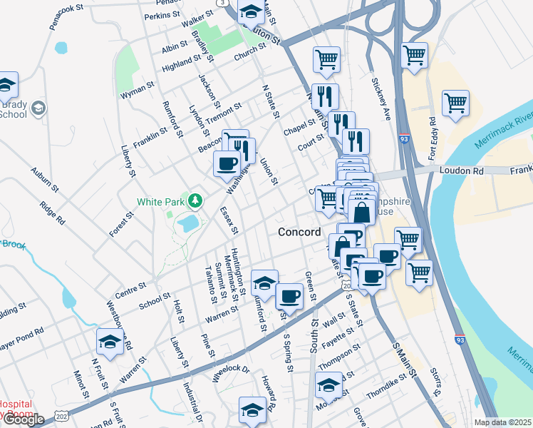 map of restaurants, bars, coffee shops, grocery stores, and more near 75 North Spring Street in Concord