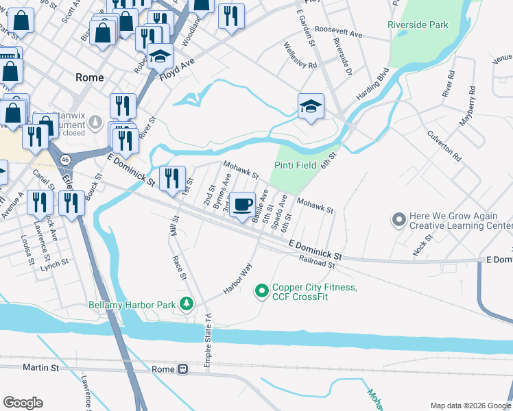 map of restaurants, bars, coffee shops, grocery stores, and more near 123 4th Street in Rome