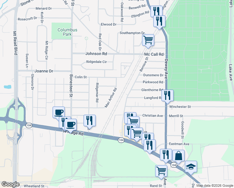 map of restaurants, bars, coffee shops, grocery stores, and more near 19 Canasta Road in Rochester