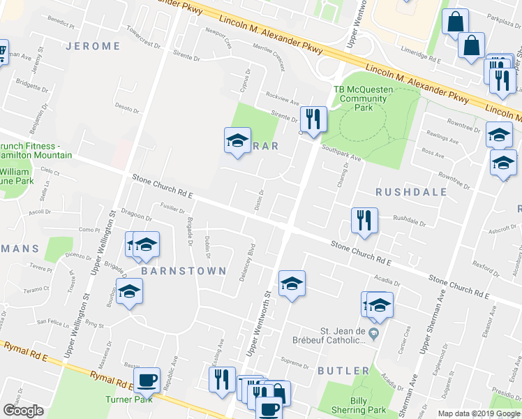 map of restaurants, bars, coffee shops, grocery stores, and more near 17 Distin Drive in Hamilton