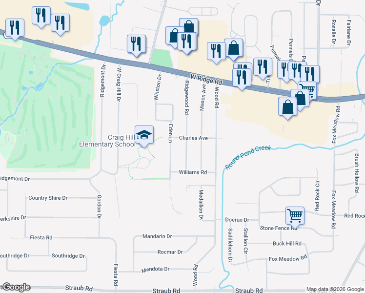 map of restaurants, bars, coffee shops, grocery stores, and more near 217 Ridgewood Road in Rochester
