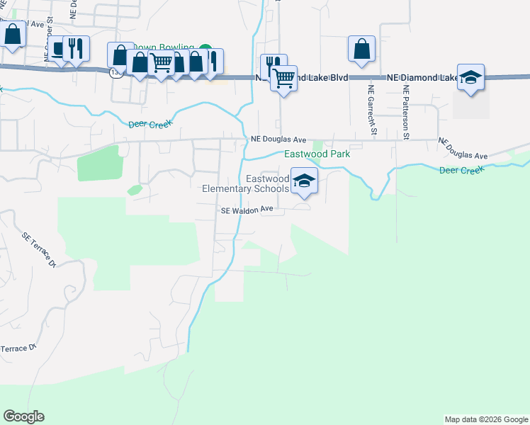 map of restaurants, bars, coffee shops, grocery stores, and more near 2471 Southeast Waldon Avenue in Roseburg