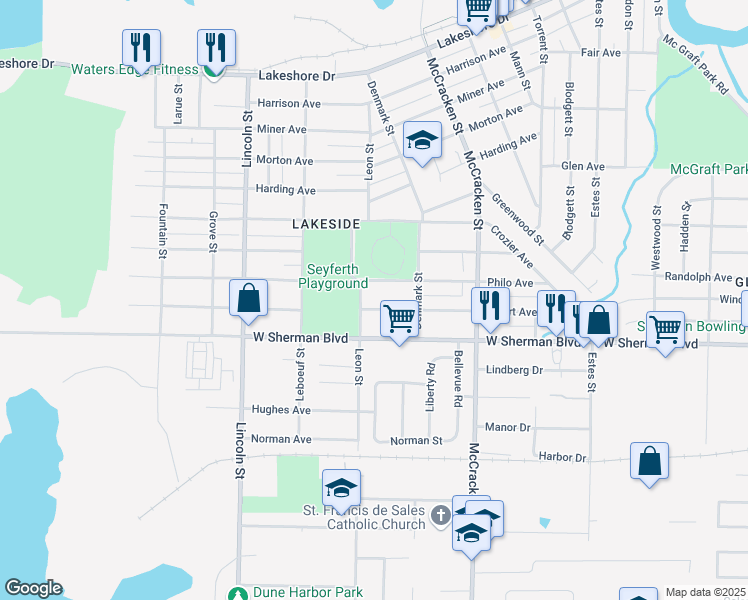 map of restaurants, bars, coffee shops, grocery stores, and more near 2180 Letart Avenue in Muskegon