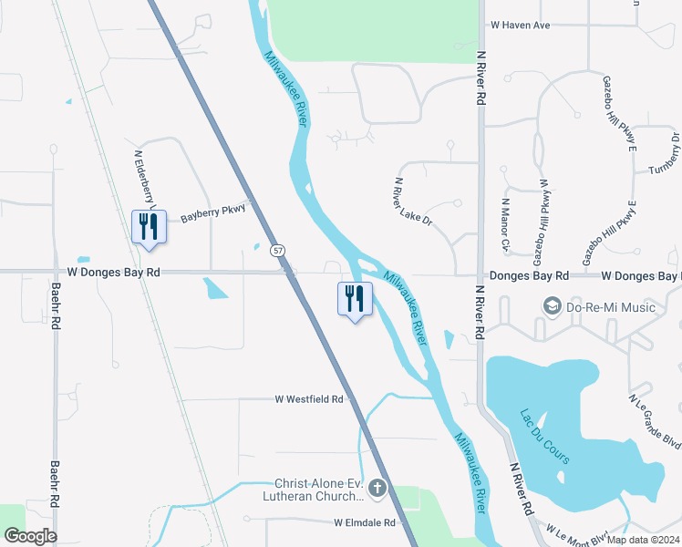 map of restaurants, bars, coffee shops, grocery stores, and more near 2401 West Donges Bay Road in Mequon