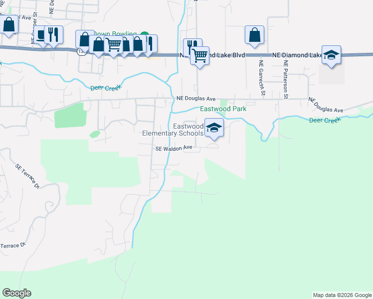 map of restaurants, bars, coffee shops, grocery stores, and more near 2471 Southeast Waldon Avenue in Roseburg