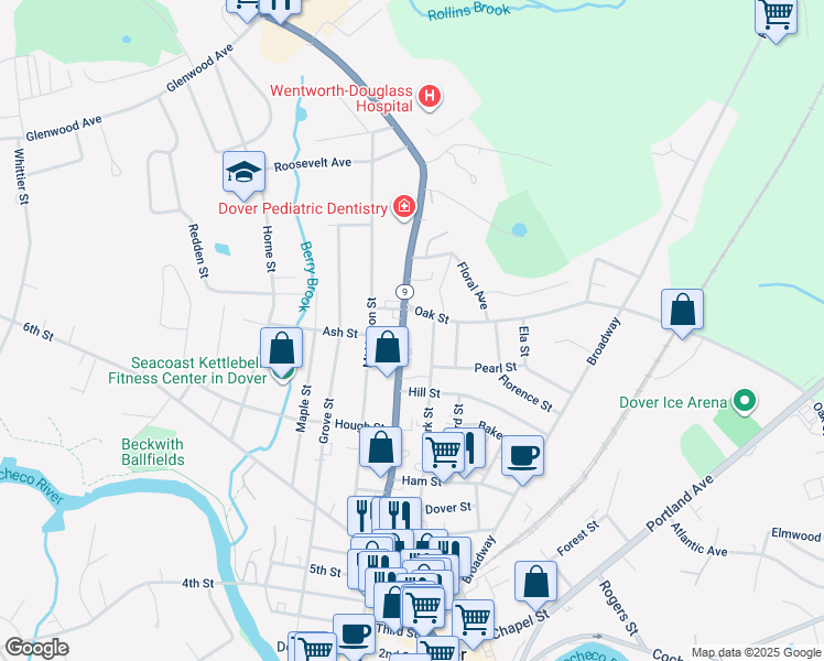 map of restaurants, bars, coffee shops, grocery stores, and more near 679 Central Avenue in Dover