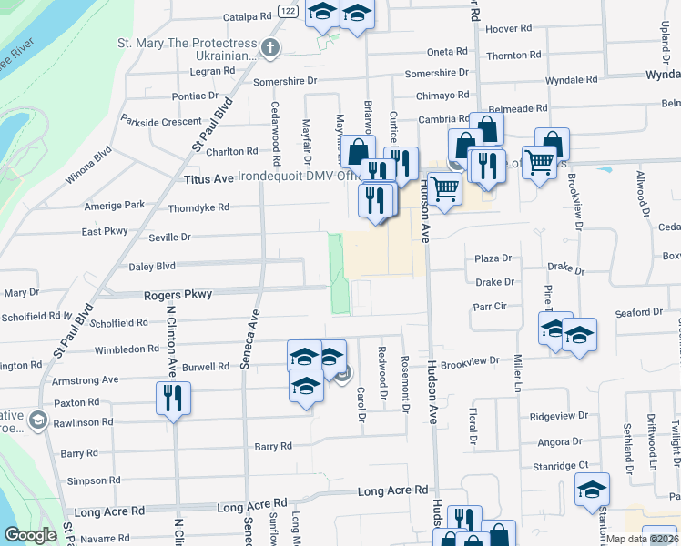 map of restaurants, bars, coffee shops, grocery stores, and more near 1280 Titus Avenue in Rochester