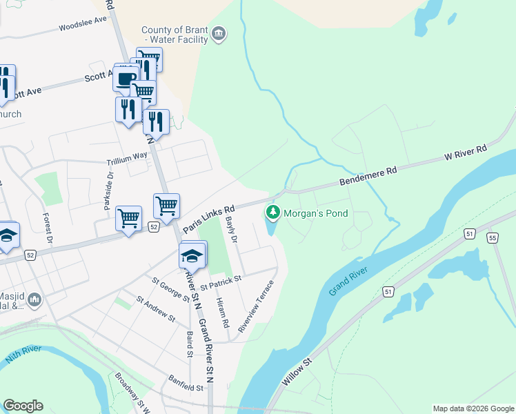 map of restaurants, bars, coffee shops, grocery stores, and more near 55 Paris Links Road in Brant