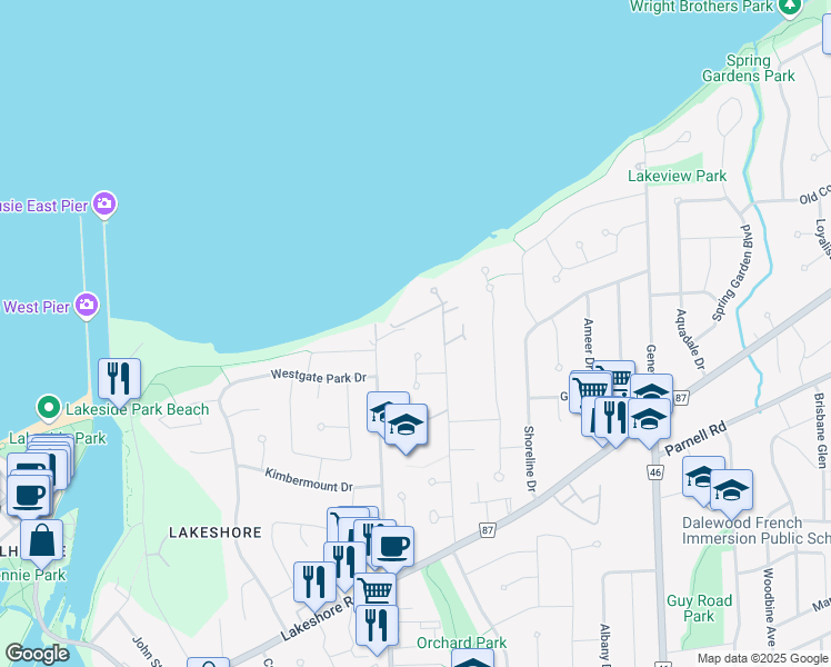 map of restaurants, bars, coffee shops, grocery stores, and more near 8 Watersedge Circle in Saint Catharines