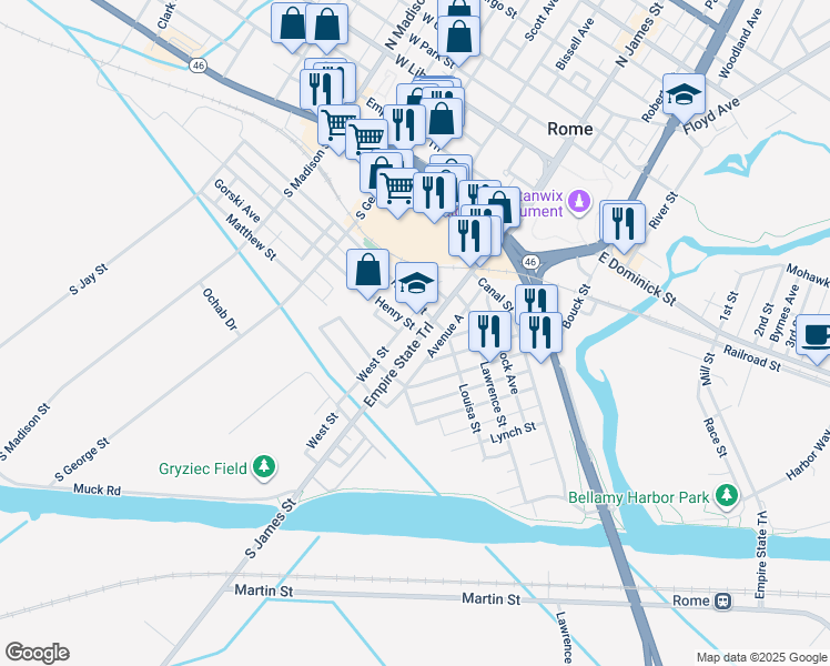 map of restaurants, bars, coffee shops, grocery stores, and more near 416 South James Street in Rome