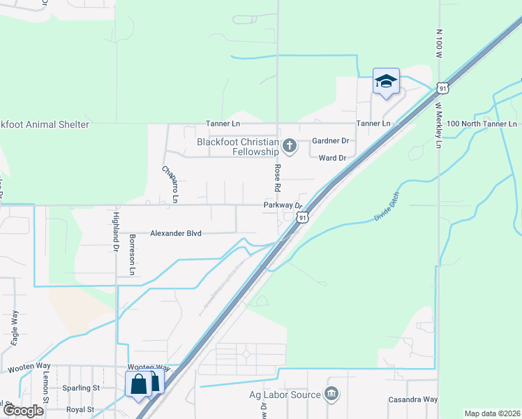 map of restaurants, bars, coffee shops, grocery stores, and more near 1629-1651 East Airport Road in Blackfoot