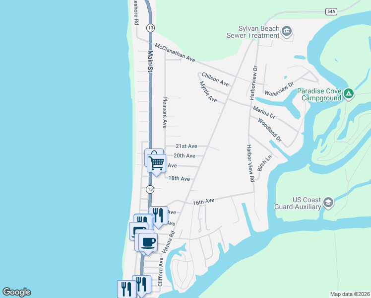 map of restaurants, bars, coffee shops, grocery stores, and more near 408 21st Avenue in Sylvan Beach