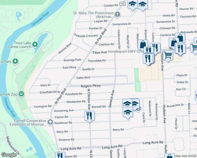 map of restaurants, bars, coffee shops, grocery stores, and more near 140 Daley Boulevard in Rochester