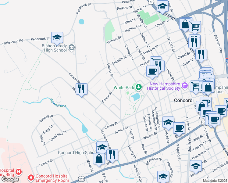 map of restaurants, bars, coffee shops, grocery stores, and more near 14 Valley Street in Concord