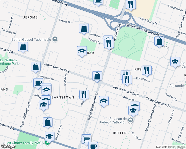 map of restaurants, bars, coffee shops, grocery stores, and more near 391 Stone Church Road East in Hamilton