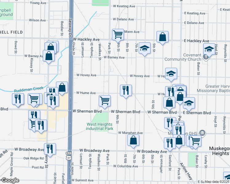map of restaurants, bars, coffee shops, grocery stores, and more near 2438 9th Street in Muskegon Heights