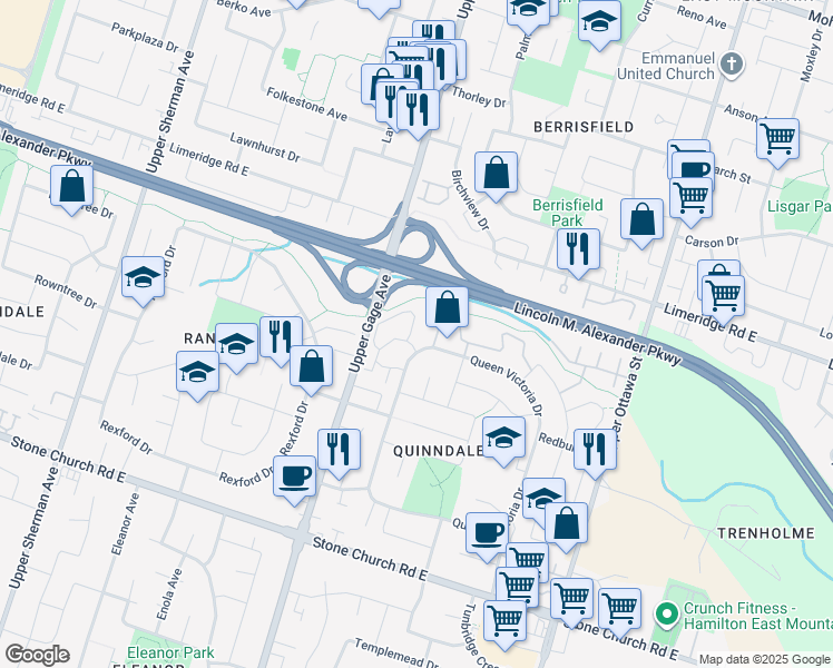 map of restaurants, bars, coffee shops, grocery stores, and more near 155 Queen Victoria Drive in Hamilton