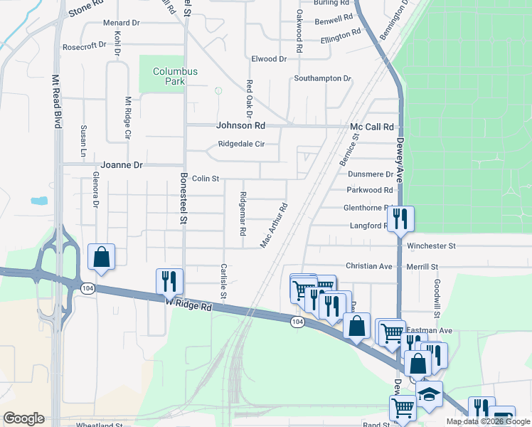 map of restaurants, bars, coffee shops, grocery stores, and more near 19 Canasta Road in Rochester