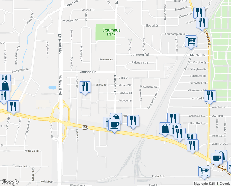 map of restaurants, bars, coffee shops, grocery stores, and more near 186 Bonesteel Street in Rochester