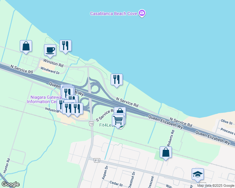 map of restaurants, bars, coffee shops, grocery stores, and more near 820 North Service Road in Grimsby