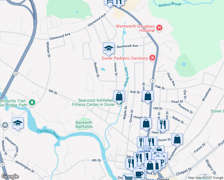map of restaurants, bars, coffee shops, grocery stores, and more near 55 Ash Street in Dover