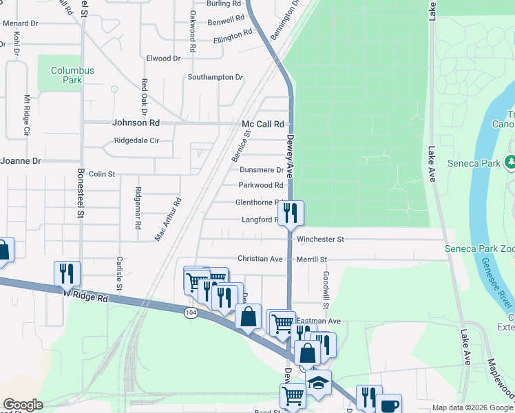 map of restaurants, bars, coffee shops, grocery stores, and more near 40 Glenthorne Road in Rochester