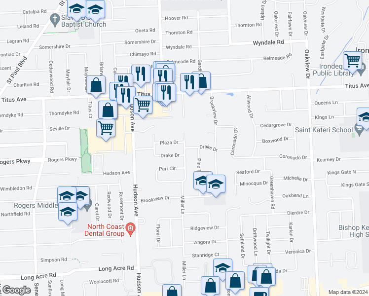 map of restaurants, bars, coffee shops, grocery stores, and more near 2 North Point Trail in Rochester