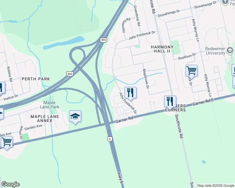 map of restaurants, bars, coffee shops, grocery stores, and more near 116 John Frederick Drive in Hamilton