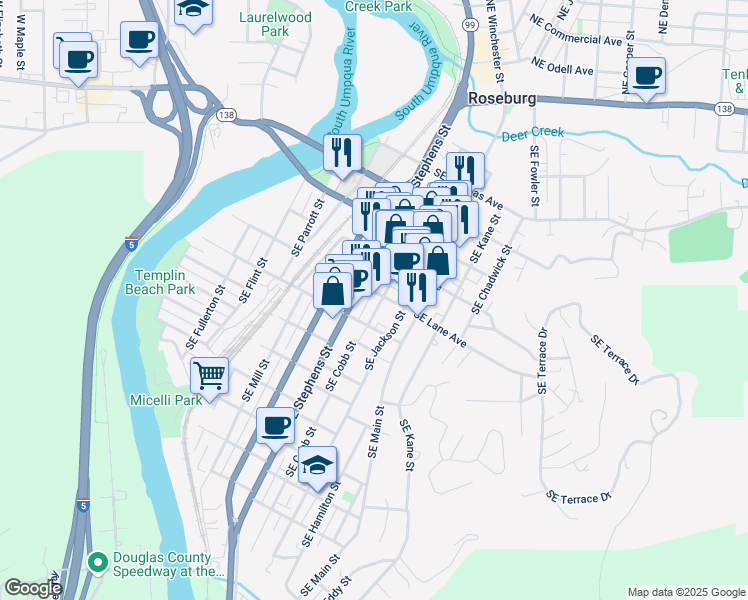 map of restaurants, bars, coffee shops, grocery stores, and more near 774 Southeast Rose Street in Roseburg