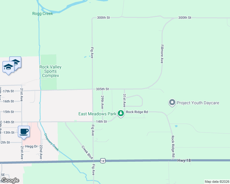 map of restaurants, bars, coffee shops, grocery stores, and more near 2619-2699 305th Street in Rock Valley