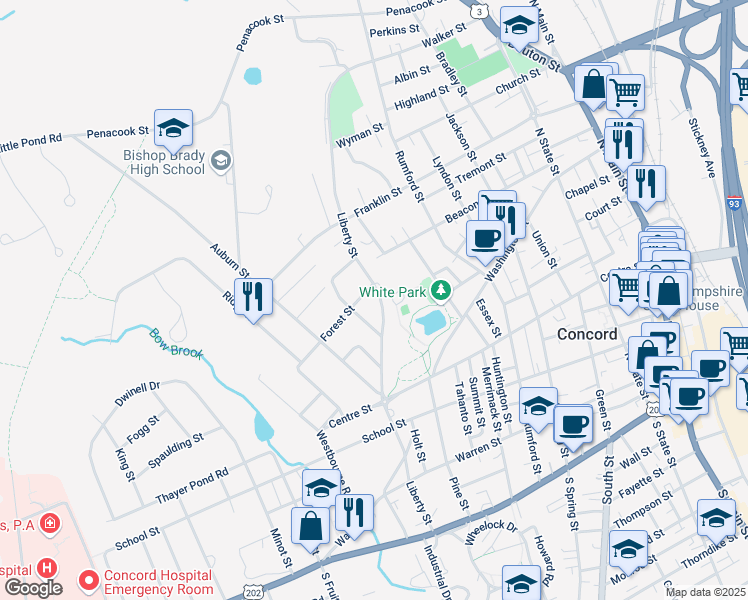 map of restaurants, bars, coffee shops, grocery stores, and more near 111 Liberty Street in Concord