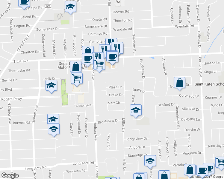 map of restaurants, bars, coffee shops, grocery stores, and more near 27 Plaza Drive in Rochester