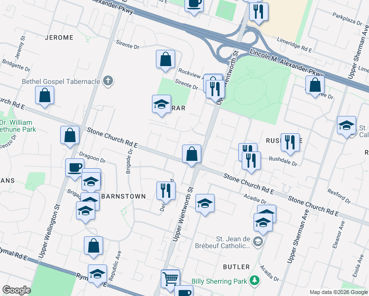 map of restaurants, bars, coffee shops, grocery stores, and more near 391 Stone Church Road East in Hamilton