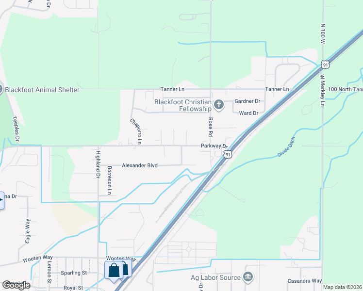 map of restaurants, bars, coffee shops, grocery stores, and more near 1629 East Airport Road in Blackfoot