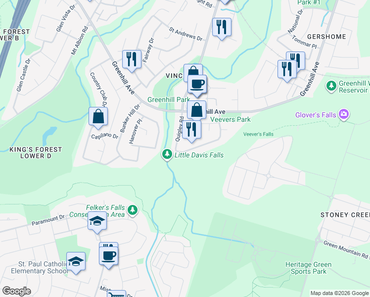 map of restaurants, bars, coffee shops, grocery stores, and more near 15 Hildegard Drive in Hamilton