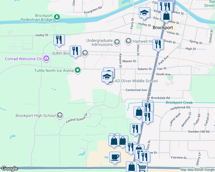 map of restaurants, bars, coffee shops, grocery stores, and more near 40 Allen Street in Brockport