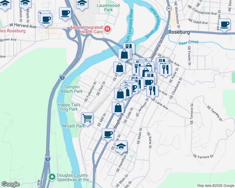 map of restaurants, bars, coffee shops, grocery stores, and more near 863 Southeast Sheridan Street in Roseburg