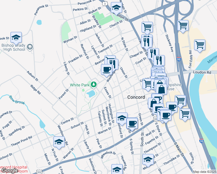 map of restaurants, bars, coffee shops, grocery stores, and more near 59 Rumford Street in Concord