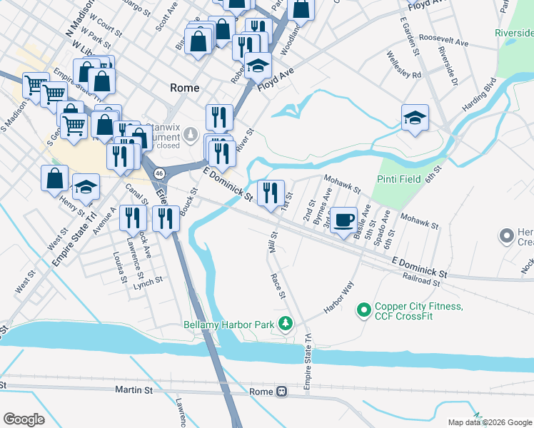 map of restaurants, bars, coffee shops, grocery stores, and more near 278 East Dominick Street in Rome