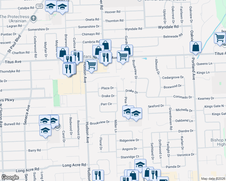 map of restaurants, bars, coffee shops, grocery stores, and more near 79 Plaza Drive in Rochester