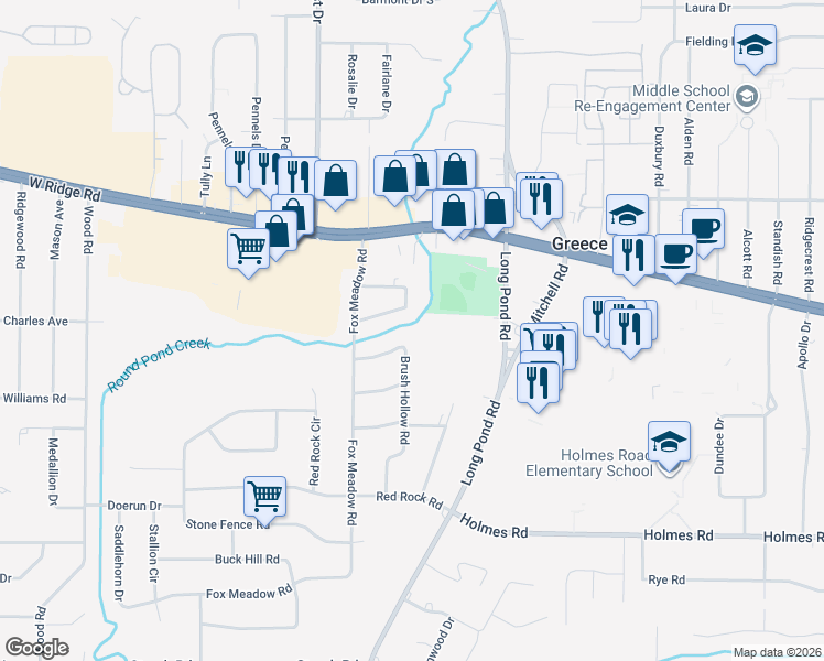 map of restaurants, bars, coffee shops, grocery stores, and more near 113 Creek Meadow Lane in Rochester