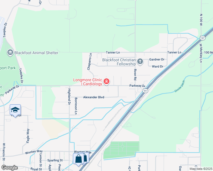 map of restaurants, bars, coffee shops, grocery stores, and more near 2300 Clover Lane in Blackfoot