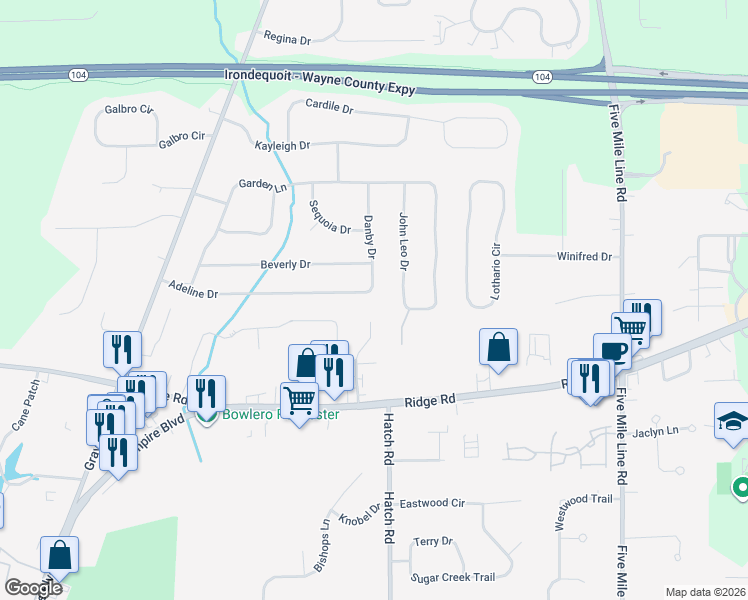 map of restaurants, bars, coffee shops, grocery stores, and more near 671 Adeline Dr in Webster